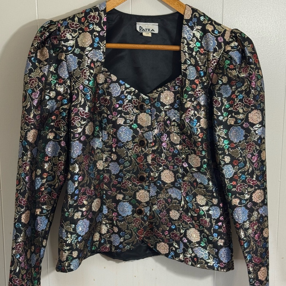 Patra Vintage 80s Floral Metallic Lame Cocktail Evening Jacket